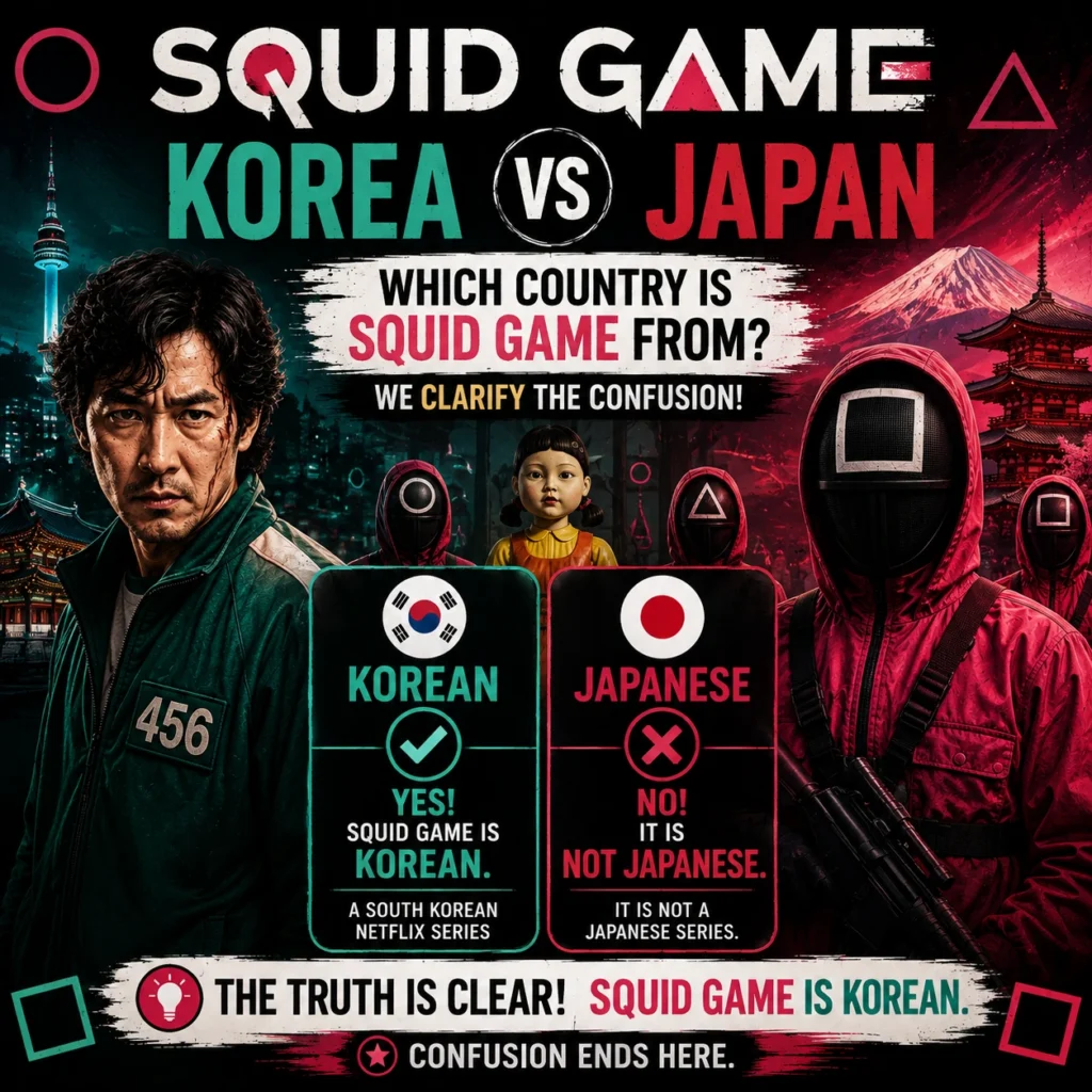 Squid Game is Korean or Japanese? Visual comparison showing Squid Game is a South Korean Netflix series, not Japanese